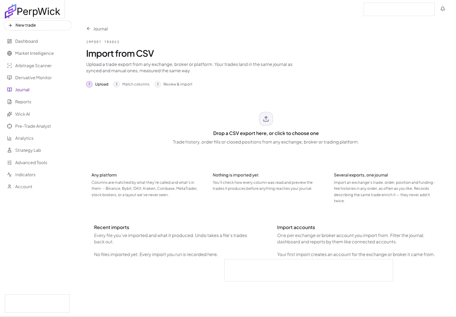 Importing trades into the journal from an exchange CSV export