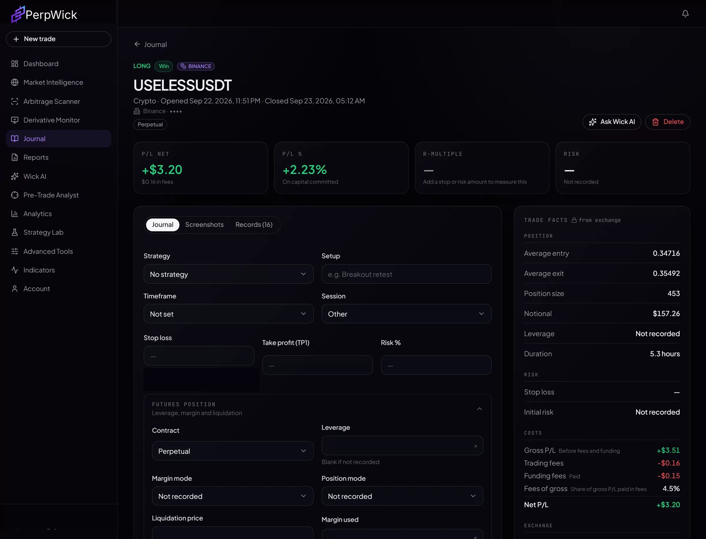 A single journal trade: execution, risk, fees, strategy, setup and review notes