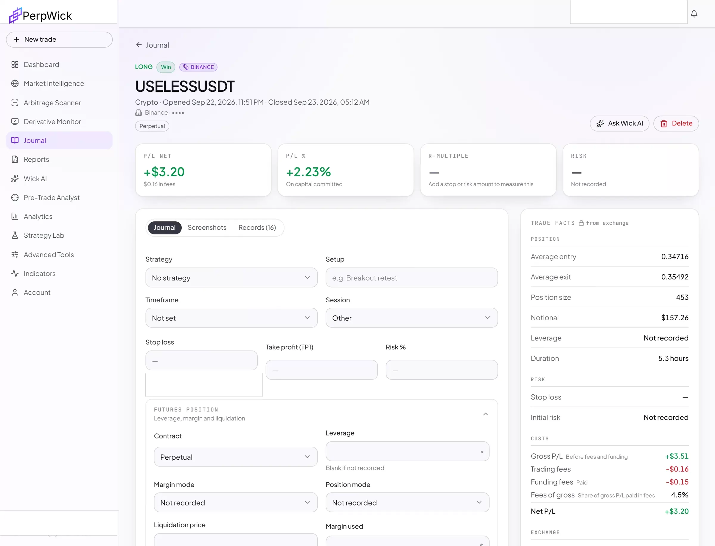 A single journal trade: execution, risk, fees, strategy, setup and review notes