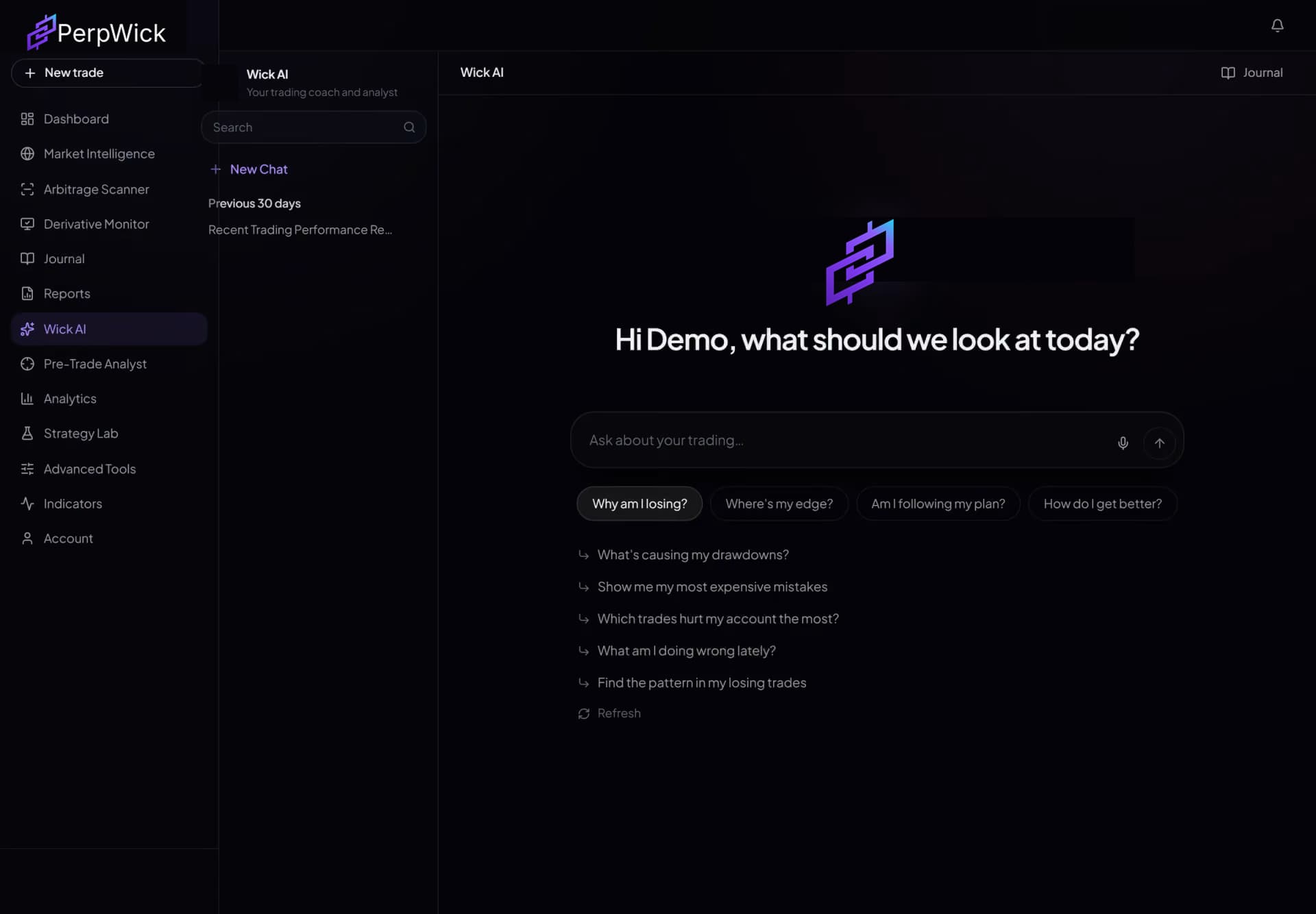 Wick AI's opening screen: what stands out in recent trading, and questions it can answer about the journal